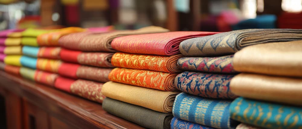 Stacks of folded silk and woven sarees on shelves
